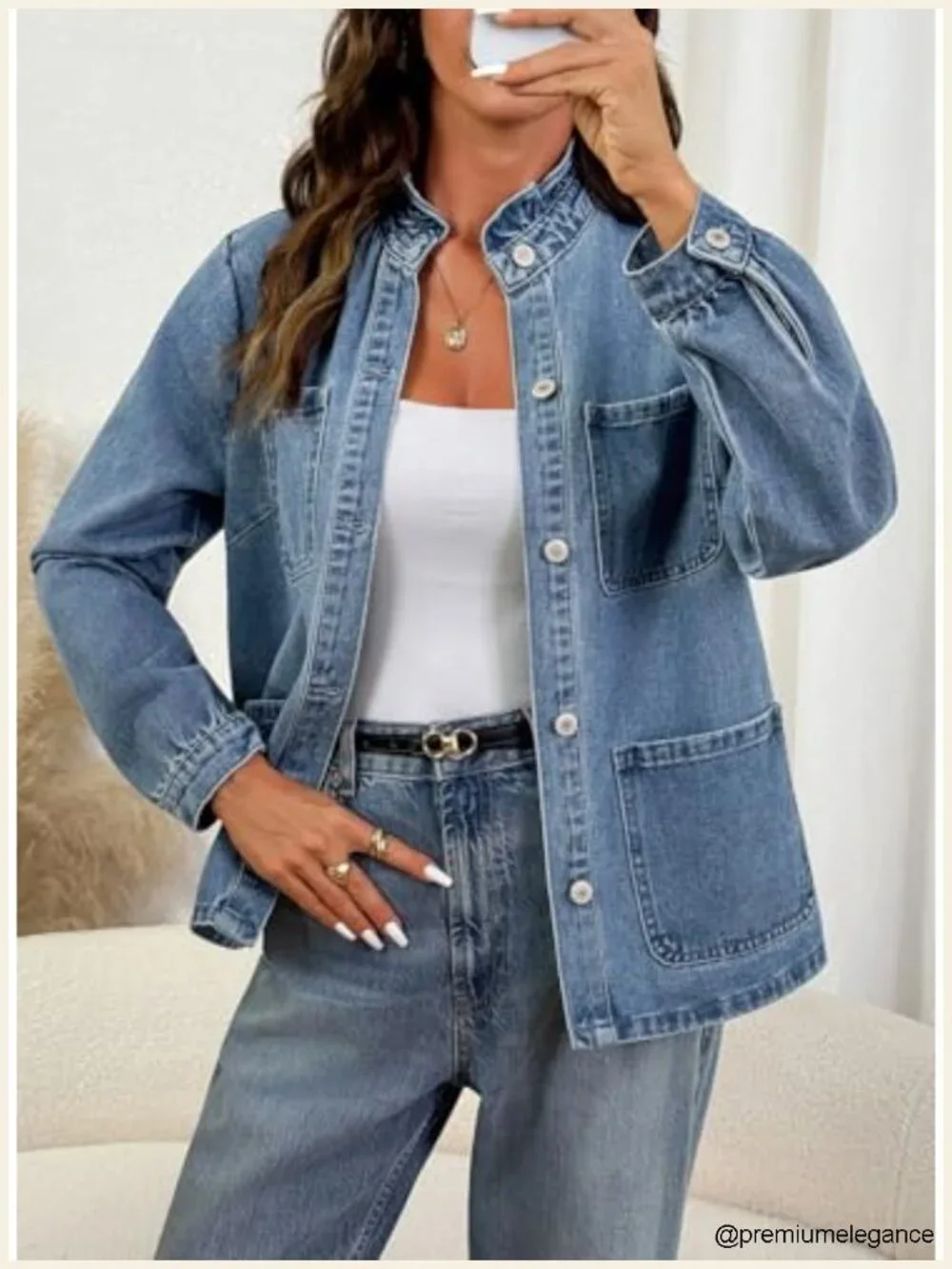 Button Down Ruffle Casual Oversized Cropped Jean Jacket with Pockets